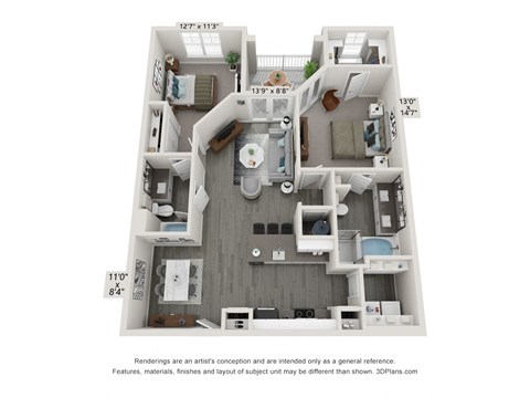 Floor plan for 2 beds, 2 baths, 1191 sqft